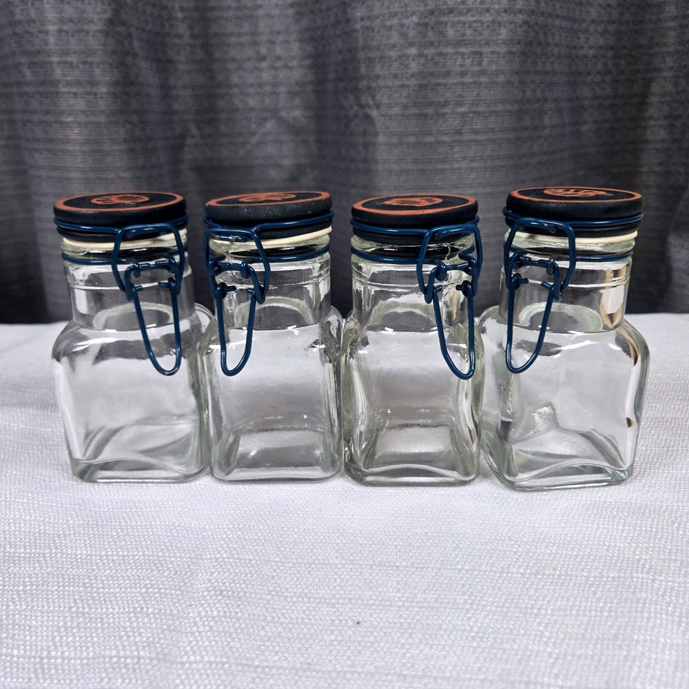 Set of 4 Glass Spice Jars Square Wire Bale Swing Top Navy Blue Leaf Lid 3.75in